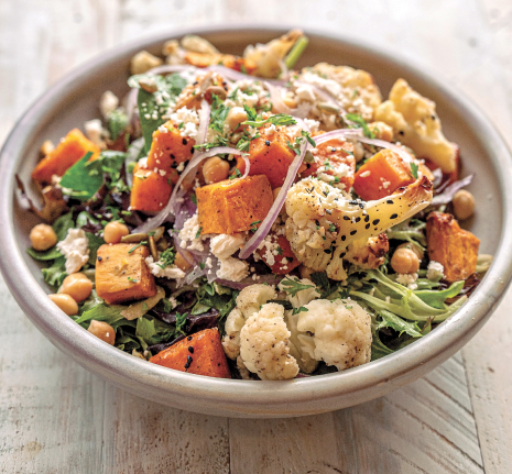 Sweet Potato Salad with roasted sweet potato, cauliflower, chickpeas, feta, and tahini dressing at Rusted Rake Brewing